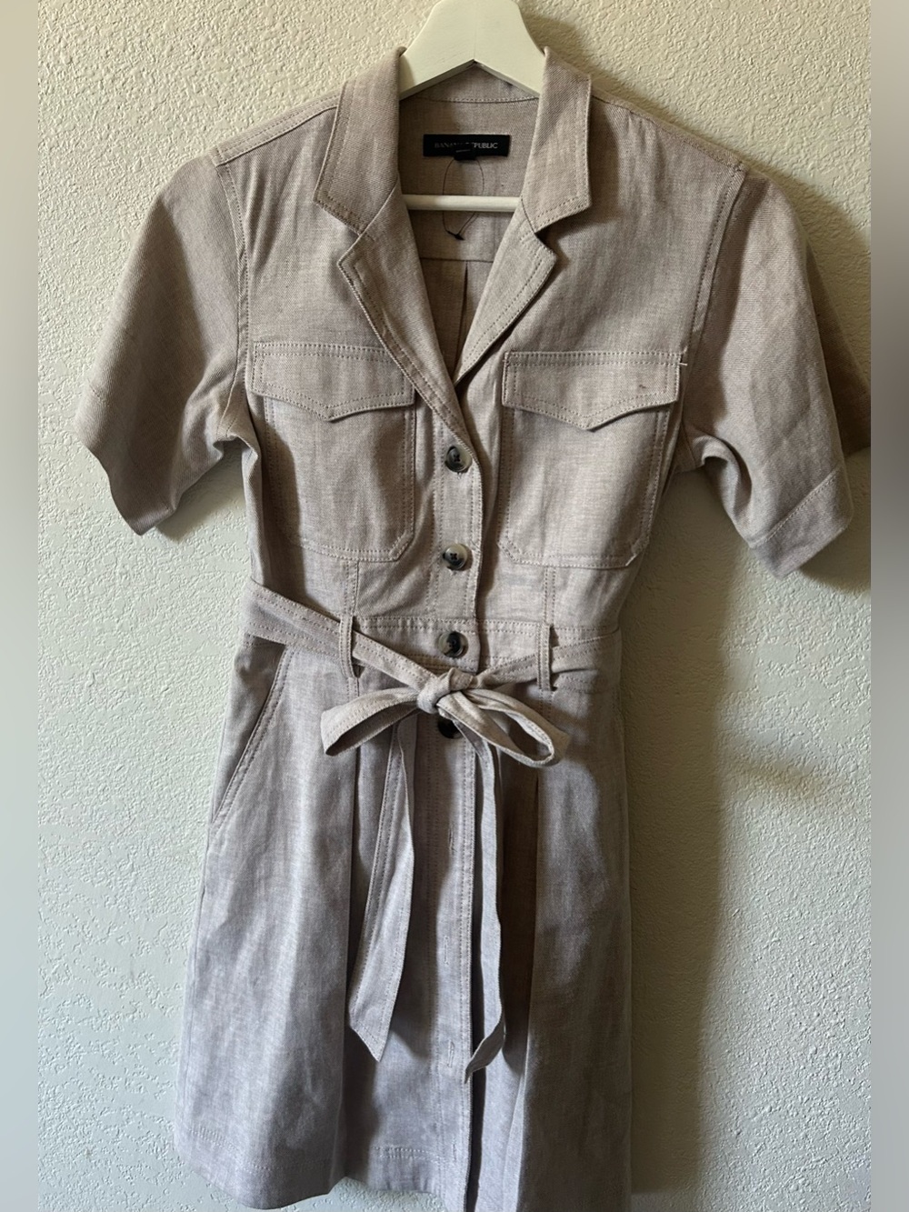 Banana Republic Beige Linen-Blend Shirt Dress with Self Tie